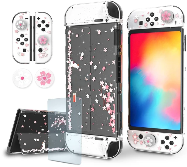 Main image of Only for Nintendo Switch OLED Case, Cherry Blossom Glitter Dockable Cover with Grips; clear PC back and flexible controller covers guard against scratches, dust and everyday wear