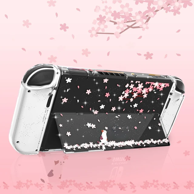 Alt view image 2 of 7 - Only for Nintendo Switch OLED Case, Cherry Blossom Glitter Dockable Cover with Grips; clear PC back and flexible controller covers guard against scratches, dust and everyday wear