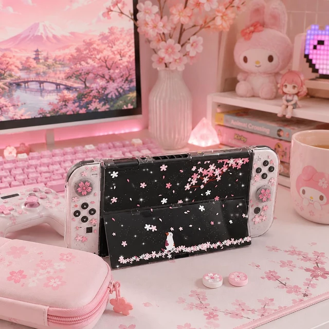 Alt view image 3 of 7 - Only for Nintendo Switch OLED Case, Cherry Blossom Glitter Dockable Cover with Grips; clear PC back and flexible controller covers guard against scratches, dust and everyday wear