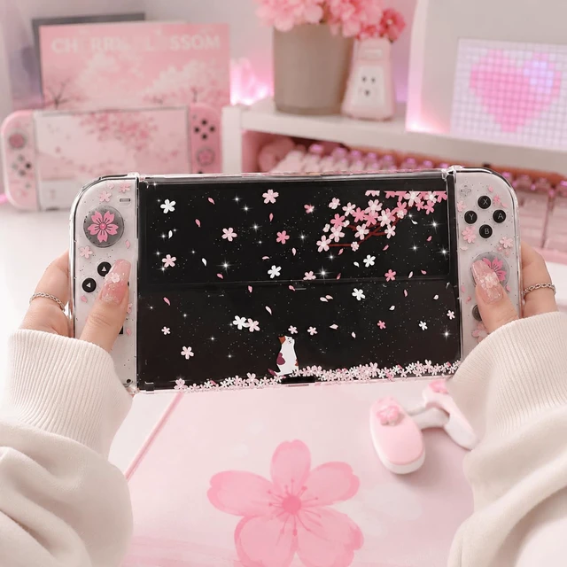 Alt view image 7 of 7 - Only for Nintendo Switch OLED Case, Cherry Blossom Glitter Dockable Cover with Grips; clear PC back and flexible controller covers guard against scratches, dust and everyday wear