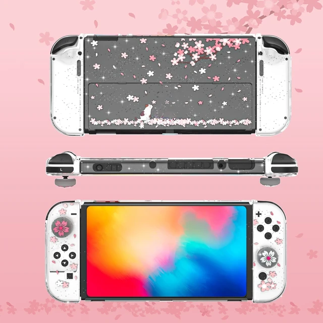 Alt view image 4 of 7 - Only for Nintendo Switch OLED Case, Cherry Blossom Glitter Dockable Cover with Grips; clear PC back and flexible controller covers guard against scratches, dust and everyday wear
