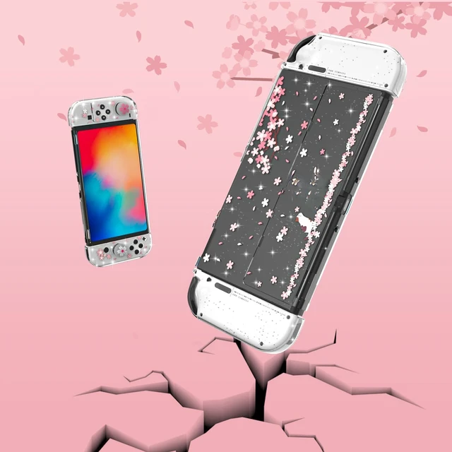 Alt view image 5 of 7 - Only for Nintendo Switch OLED Case, Cherry Blossom Glitter Dockable Cover with Grips; clear PC back and flexible controller covers guard against scratches, dust and everyday wear