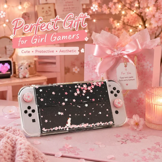 Alt view image 6 of 7 - Only for Nintendo Switch OLED Case, Cherry Blossom Glitter Dockable Cover with Grips; clear PC back and flexible controller covers guard against scratches, dust and everyday wear