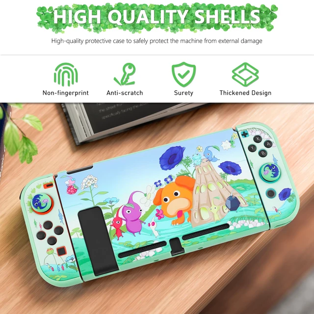 Alt view image 4 of 7 - PC Dockable Protective Case for Nintendo Switch, with Green Anti-Scratch Switch Cover Skin of Pikmin, 2 Switch Hard Shell Case for Controller Grip, 2 Cute Thump Caps- for Girly or Boy