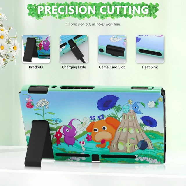 Alt view image 3 of 7 - PC Dockable Protective Case for Nintendo Switch, with Green Anti-Scratch Switch Cover Skin of Pikmin, 2 Switch Hard Shell Case for Controller Grip, 2 Cute Thump Caps- for Girly or Boy