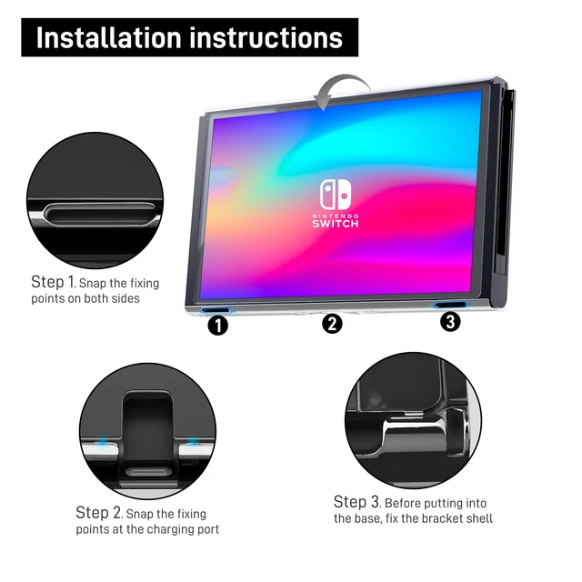 Alt view image 4 of 7 - 3 in 1 Protective Black Clear Case Cover for Nintendo Switch OLED, Dockable Skin for Switch OLED and Controller, Comfort Grip Shell with Shock-Absorption and Anti-Scratch Design
