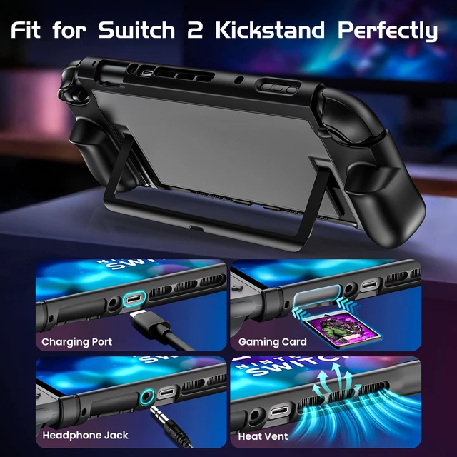 Alt view image 2 of 7 - Dockable Protective Case for Nintendo Switch 2, TPU Ergonomic Grip Cover | with Foldable JoyCon Holder Design, Slim Shockproof Hard Shell fit for Switch 2 Console & Kickstand - Matte Black