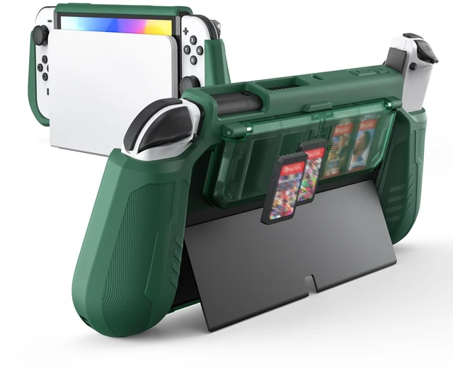 Main image of Dockable Protective Case for Switch OLED, with Flip Game Storage | Ergonomic grip cover for Switch OLED 2021 (7.0"), Not for Switch 2 (2025 release, 7.9"), Kickstand compatible, Green