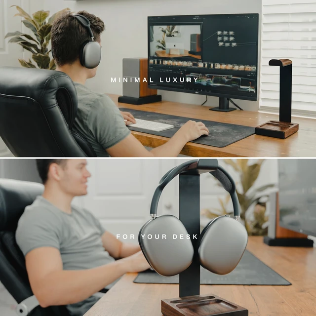 Alt view image 2 of 7 - Universal Headphone Stand for Desk, Walnut Wood Headset Holder | Fits All Headphones incl AirPods Max, Heavy Duty Solid Wood, Sturdy & Stable, Gaming Headset Organizer, Gift Ready Box