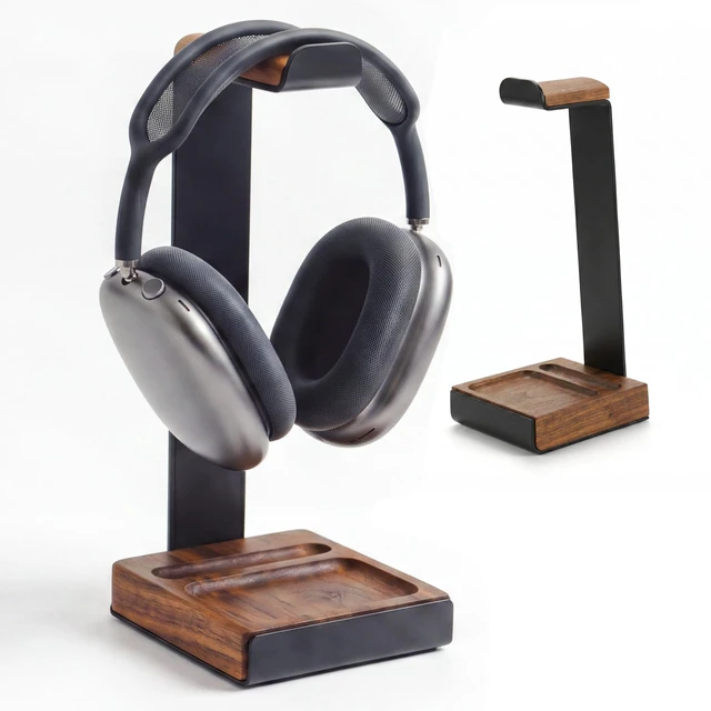 Main image of Universal Headphone Stand for Desk, Walnut Wood Headset Holder | Fits All Headphones incl AirPods Max, Heavy Duty Solid Wood, Sturdy & Stable, Gaming Headset Organizer, Gift Ready Box