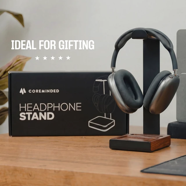 Alt view image 7 of 7 - Universal Headphone Stand for Desk, Walnut Wood Headset Holder | Fits All Headphones incl AirPods Max, Heavy Duty Solid Wood, Sturdy & Stable, Gaming Headset Organizer, Gift Ready Box
