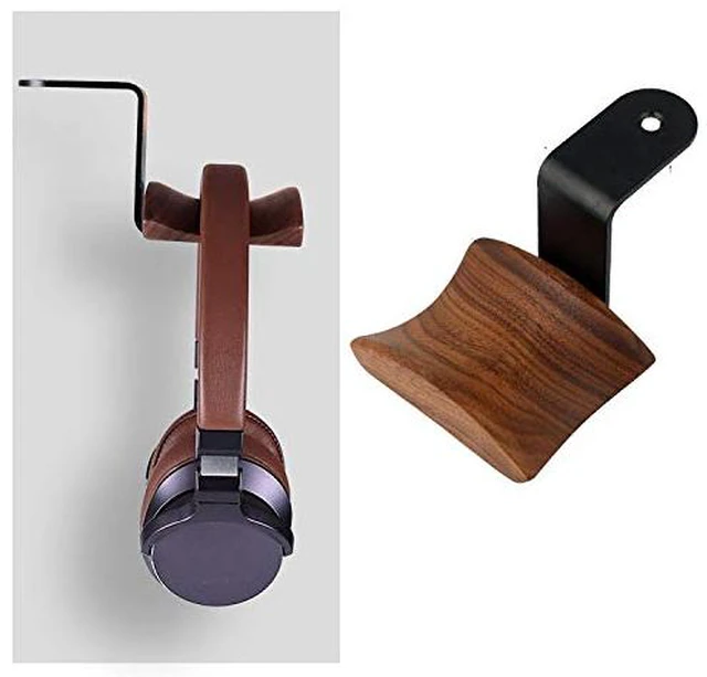 Alt view image 2 of 4 - Headphone Hanger Holder - Walnut Wood Headset Stand, Universal Fit (Under-Desk Mount)