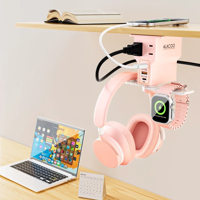 Alt view image 3 of 7 - Multi-Function Desk Headphone Hanger Hook Gaming Office | 2 USB, 1 Type-C, 2 AC Outlets Desk Hook Holds Headsets & Purses, Practical Accessory for Gaming, Office, Home and Great Gift