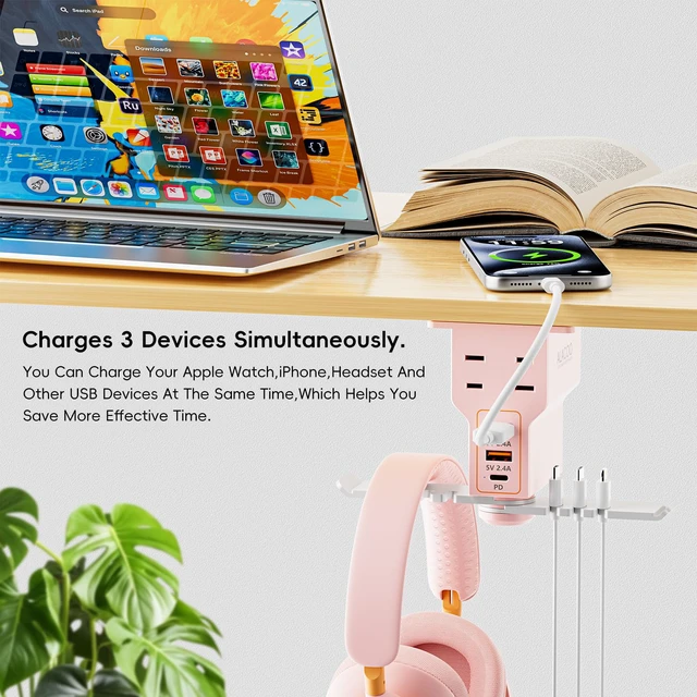 Alt view image 2 of 7 - Multi-Function Desk Headphone Hanger Hook Gaming Office | 2 USB, 1 Type-C, 2 AC Outlets Desk Hook Holds Headsets & Purses, Practical Accessory for Gaming, Office, Home and Great Gift