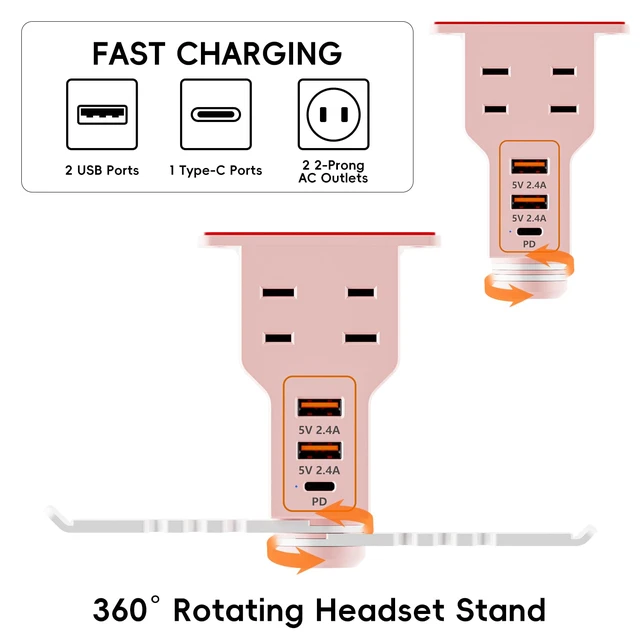 Alt view image 5 of 7 - Multi-Function Desk Headphone Hanger Hook Gaming Office | 2 USB, 1 Type-C, 2 AC Outlets Desk Hook Holds Headsets & Purses, Practical Accessory for Gaming, Office, Home and Great Gift