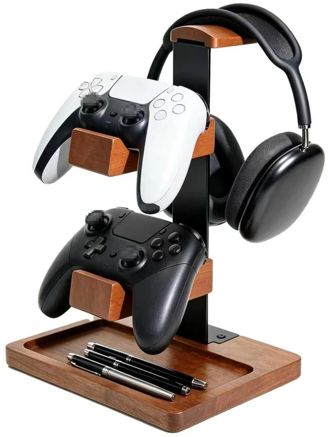 Main image of Wood Headphone Stand,Headset Holder with Dual Gaming Controller Holder | Headset Holder for Desk, Headset Stand, Storage Base,Walnut