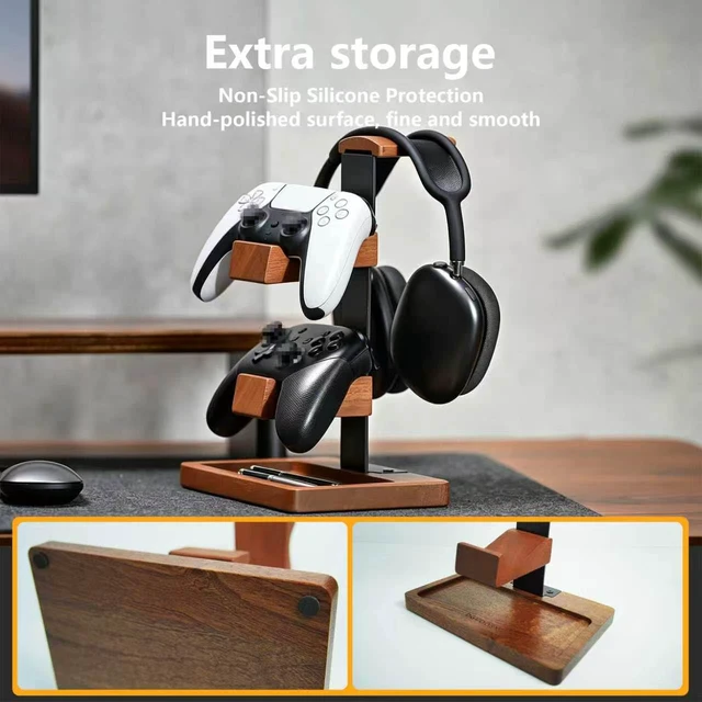 Alt view image 5 of 7 - Wood Headphone Stand,Headset Holder with Dual Gaming Controller Holder | Headset Holder for Desk, Headset Stand, Storage Base,Walnut
