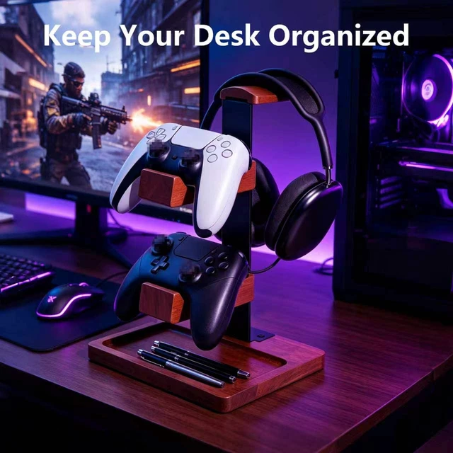 Alt view image 2 of 7 - Wood Headphone Stand,Headset Holder with Dual Gaming Controller Holder | Headset Holder for Desk, Headset Stand, Storage Base,Walnut