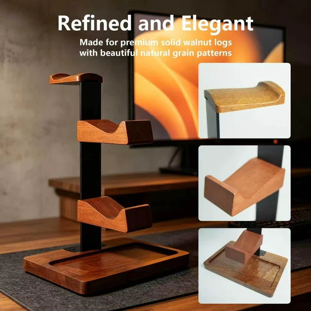 Alt view image 4 of 7 - Wood Headphone Stand,Headset Holder with Dual Gaming Controller Holder | Headset Holder for Desk, Headset Stand, Storage Base,Walnut