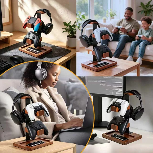 Alt view image 6 of 7 - Wood Headphone Stand,Headset Holder with Dual Gaming Controller Holder | Headset Holder for Desk, Headset Stand, Storage Base,Walnut