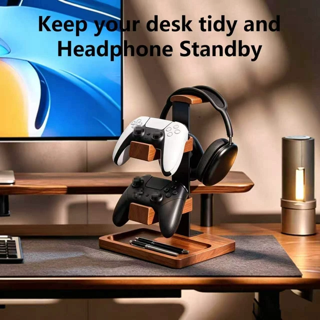 Alt view image 7 of 7 - Wood Headphone Stand,Headset Holder with Dual Gaming Controller Holder | Headset Holder for Desk, Headset Stand, Storage Base,Walnut