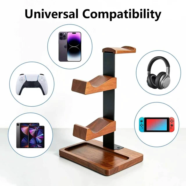 Alt view image 3 of 7 - Wood Headphone Stand,Headset Holder with Dual Gaming Controller Holder | Headset Holder for Desk, Headset Stand, Storage Base,Walnut