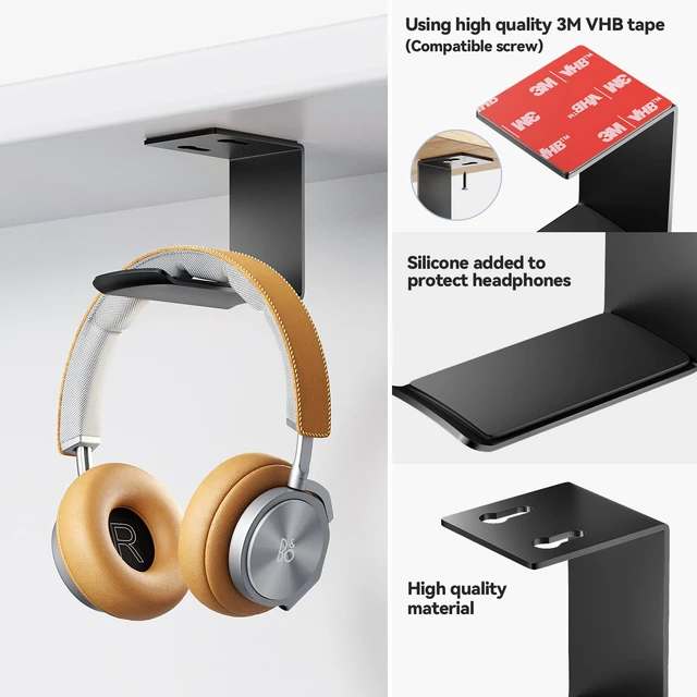 Alt view image 3 of 7 - 2Pack Heavy Duty Under Desk Headphone Stand, No Drill Mount with strong Adhesive Holder for AirPods Max, Sony, Bose & Gaming Headphones, Home Office Studio Dorm Organizer (H02F-2P-black)