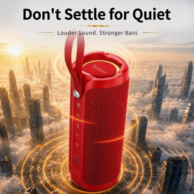 Alt view image 3 of 7 - Portable Bluetooth Speaker, 15W Waterproof, RGB Light, TWS, Red | Dual passive radiators, Bluetooth 5.3, IPX6 splash-ready, TWS stereo, RGB lights and hands-free calls for home and travel use