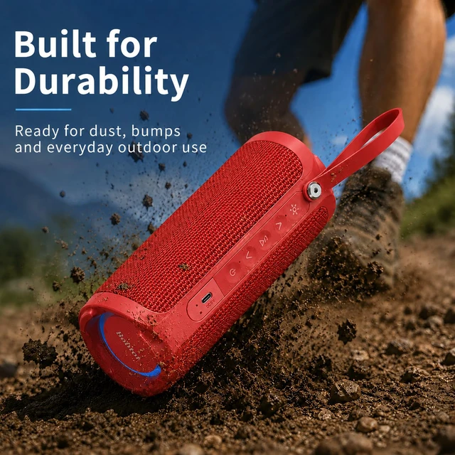 Alt view image 6 of 7 - Portable Bluetooth Speaker, 15W Waterproof, RGB Light, TWS, Red | Dual passive radiators, Bluetooth 5.3, IPX6 splash-ready, TWS stereo, RGB lights and hands-free calls for home and travel use