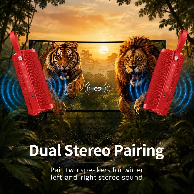 Alt view image 7 of 7 - Portable Bluetooth Speaker, 15W Waterproof, RGB Light, TWS, Red | Dual passive radiators, Bluetooth 5.3, IPX6 splash-ready, TWS stereo, RGB lights and hands-free calls for home and travel use