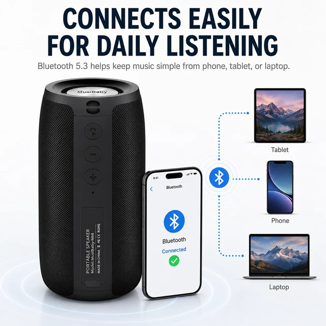 Alt view image 4 of 6 - M68 Bluetooth Speaker, 12W, IPX5, Black | Portable, small and compact with USB playback, AUX input, FM radio, TF card playback, up to 24H and dual pairing.