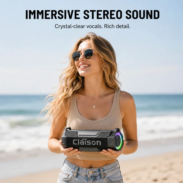 Alt view image 3 of 7 - Portable Bluetooth Speaker, Hi-Res Audio, Deep Bass, IPX7, Wireless | Dual drivers, Bluetooth 6.0, RGB lights, TWS stereo pairing and up to 24H playtime for party, travel, camping and beach