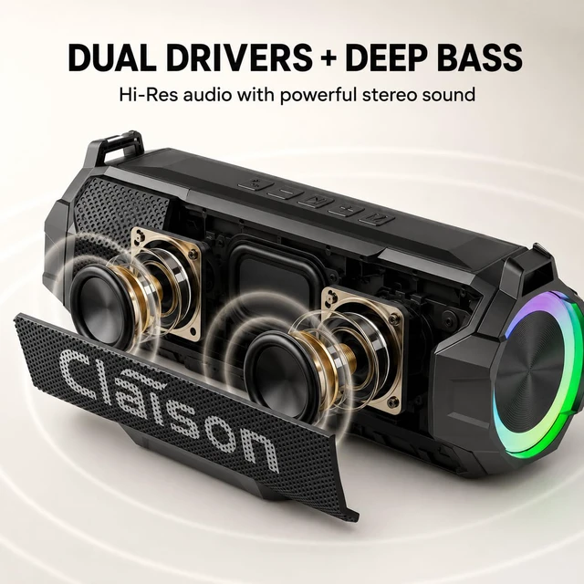 Alt view image 5 of 7 - Portable Bluetooth Speaker, Hi-Res Audio, Deep Bass, IPX7, Wireless | Dual drivers, Bluetooth 6.0, RGB lights, TWS stereo pairing and up to 24H playtime for party, travel, camping and beach