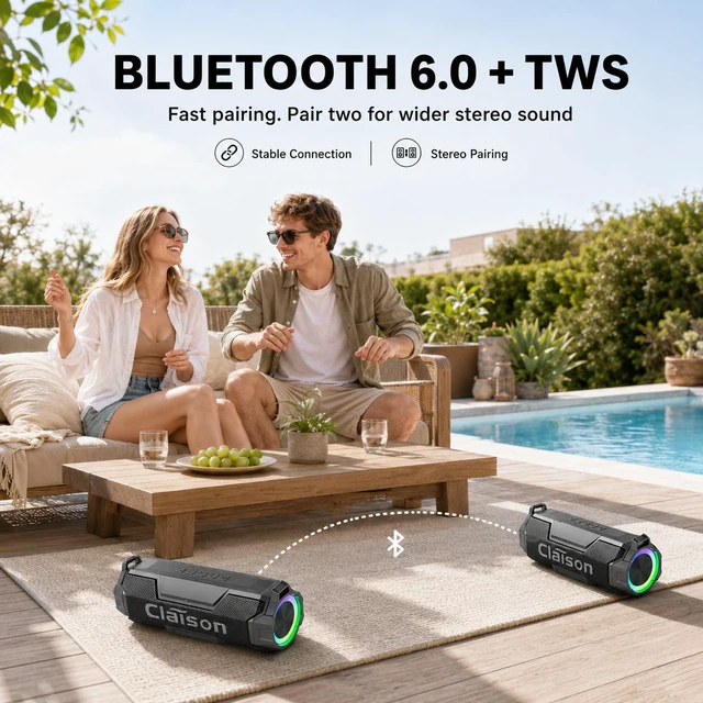 Alt view image 7 of 7 - Portable Bluetooth Speaker, Hi-Res Audio, Deep Bass, IPX7, Wireless | Dual drivers, Bluetooth 6.0, RGB lights, TWS stereo pairing and up to 24H playtime for party, travel, camping and beach