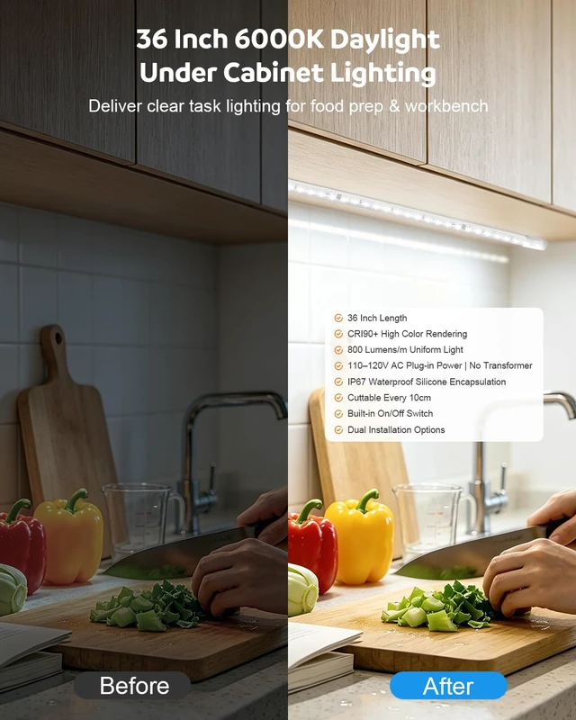 Alt view image 2 of 7 - 36 Inch Under Cabinet Lighting Plug in, Self-Adhesive, 110V-120V | 720 Lumens Bright LED Strip Light for Kitchen, 6000K Cool White, with ON/OFF Switch, Cuttable Small Under Counter Lights