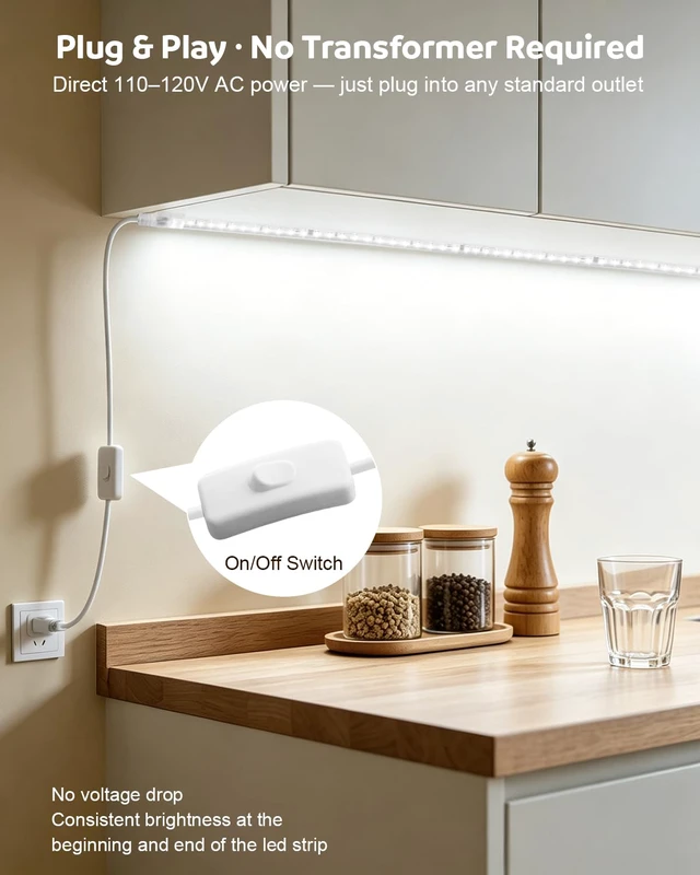 Alt view image 4 of 7 - 36 Inch Under Cabinet Lighting Plug in, Self-Adhesive, 110V-120V | 720 Lumens Bright LED Strip Light for Kitchen, 6000K Cool White, with ON/OFF Switch, Cuttable Small Under Counter Lights