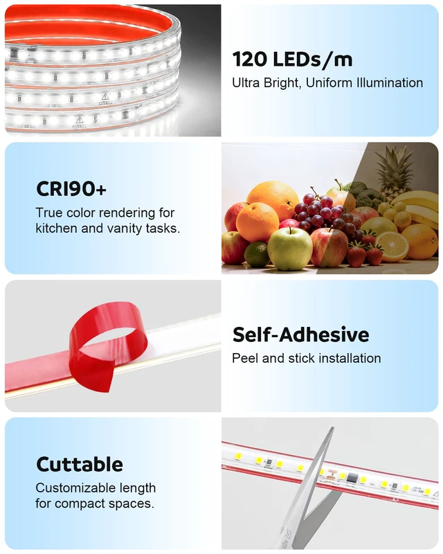 Alt view image 5 of 7 - 36 Inch Under Cabinet Lighting Plug in, Self-Adhesive, 110V-120V | 720 Lumens Bright LED Strip Light for Kitchen, 6000K Cool White, with ON/OFF Switch, Cuttable Small Under Counter Lights