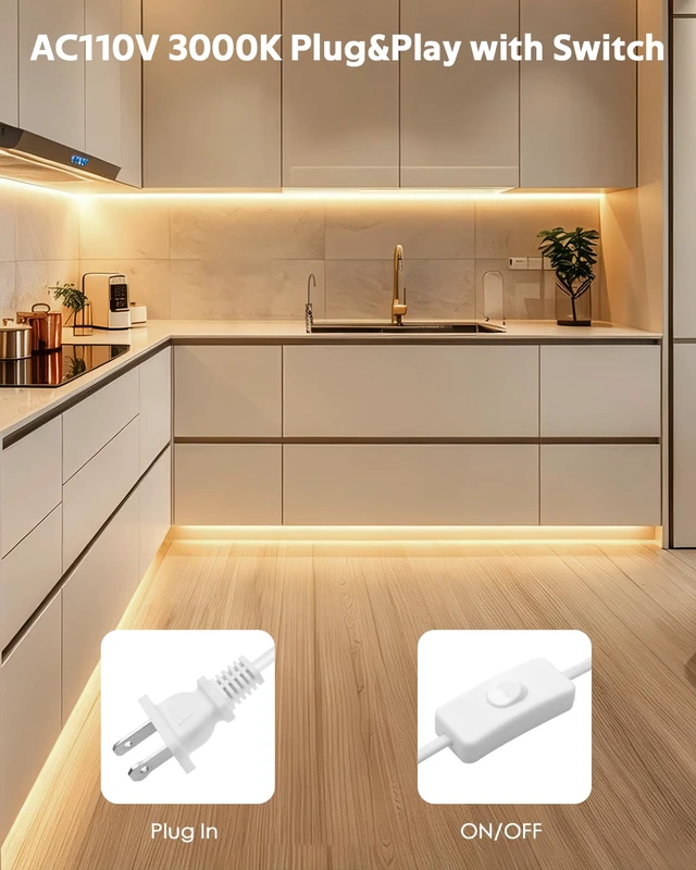 Alt view image 2 of 7 - Warm White Under Cabinet Strip Lighting Plug in Waterproof 48in 3000K LED Light Strips with Switch Flexible Self-Adhsive Under Counter Light 120LED/M Ultra Bright Lights Bar for Desk Kitchen Indoor