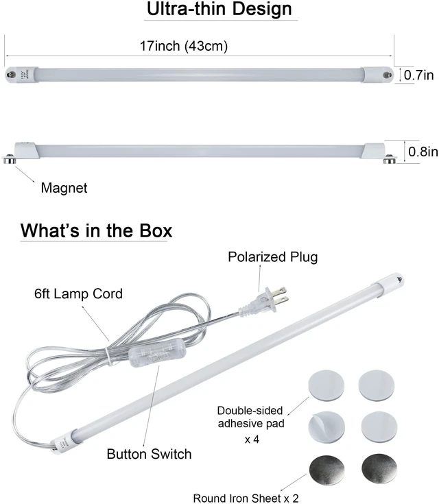 Alt view image 2 of 6 - 110V Under Cabinet Lights,17inch LED Under Counter Lighting with 6foot Plug Cable,Reading Desk Lamp for Kitchen/Shelf (Naturally White 4000K)