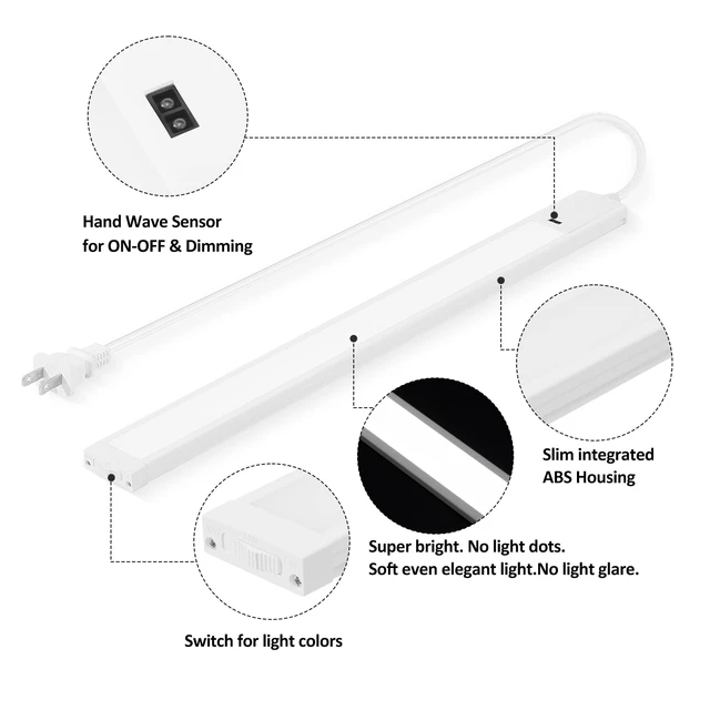 Alt view image 5 of 7 - Under Cabinet Light 16 Inch Plug in 110VAC. Hand Wave Activated. 8W LED Light Bar. Bright but Dimmable. Light Color Adjustable. For Kitchen Under Cabinets, Counter, Over Sink Closet Workbench
