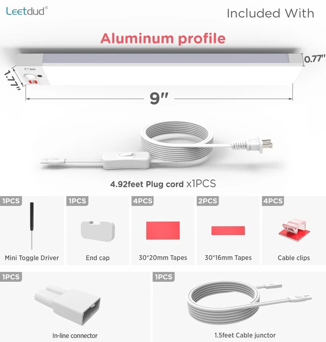 Alt view image 7 of 7 - Under Cabinet Lighting Plug in 9 Inch, 120V Motion Sensor Lights Indoor, 3CCT 3000/4000/5000K, Aluminum Linkable Super Bright LED Counter Light with Timer for Kitchen, Closet, White, 1 Pack