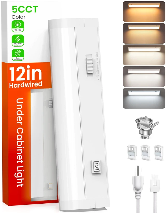 Main image of 12 Inch LED Under Cabinet Lighting Hardwired & Plug in 120V, 5CCT Color Selectable 2700K-5000K Dimmable 6W 510LM High Brightness, Strip Linkable Under Counter Lights for Kitchen Sink, 1 Pack