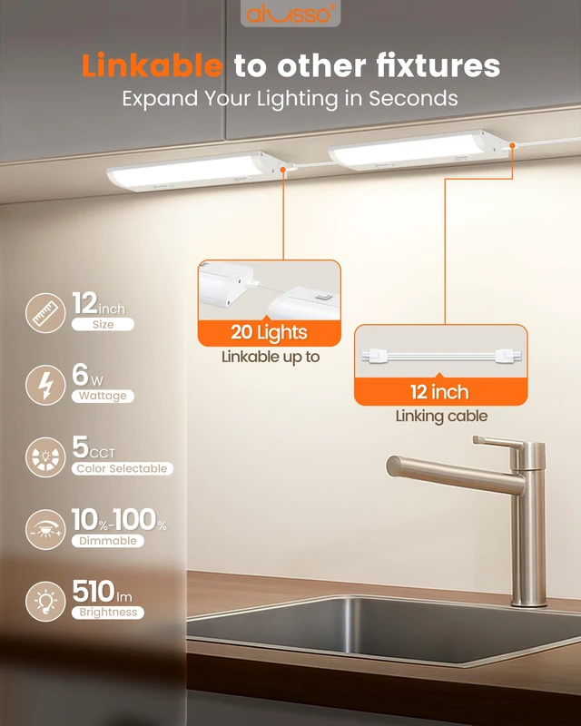 Alt view image 2 of 7 - 12 Inch LED Under Cabinet Lighting Hardwired & Plug in 120V, 5CCT Color Selectable 2700K-5000K Dimmable 6W 510LM High Brightness, Strip Linkable Under Counter Lights for Kitchen Sink, 1 Pack