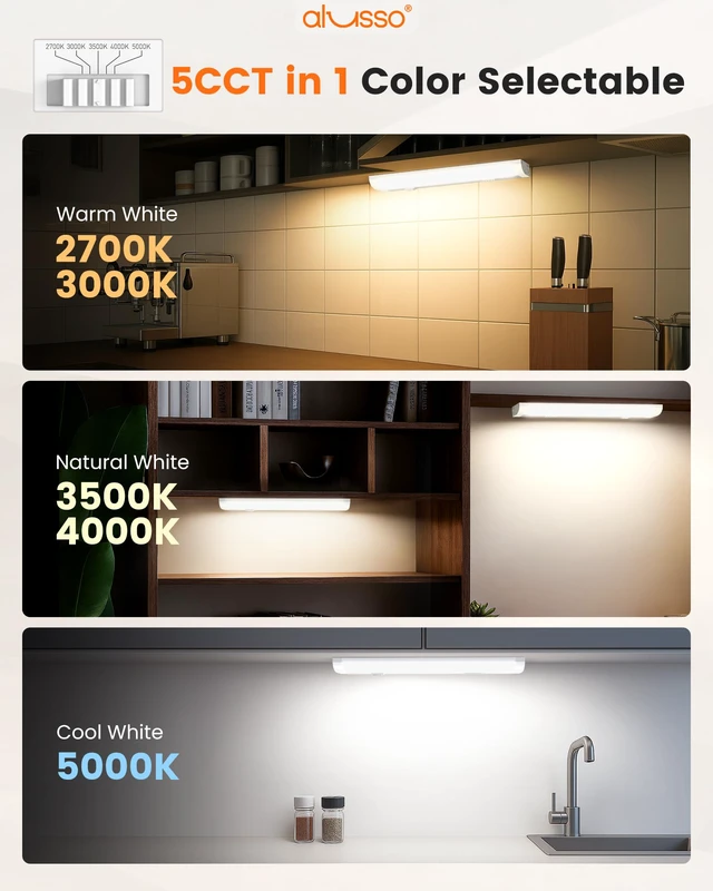 Alt view image 4 of 7 - 12 Inch LED Under Cabinet Lighting Hardwired & Plug in 120V, 5CCT Color Selectable 2700K-5000K Dimmable 6W 510LM High Brightness, Strip Linkable Under Counter Lights for Kitchen Sink, 1 Pack