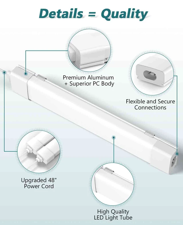 Alt view image 2 of 7 - LED Tube Light Fixture with Plug, 1.4FT 1800LM 5000K Utility Shop Light, Linkable Cabinet Light for Garage, Kitchen, Bathroom, Closet, Office - 1.4Ft, Triproof, White