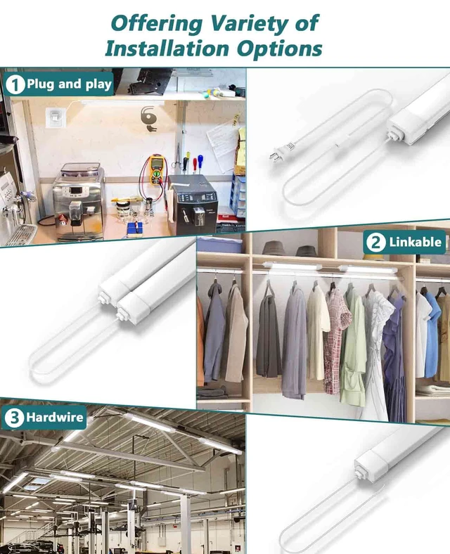 Alt view image 3 of 7 - LED Tube Light Fixture with Plug, 1.4FT 1800LM 5000K Utility Shop Light, Linkable Cabinet Light for Garage, Kitchen, Bathroom, Closet, Office - 1.4Ft, Triproof, White