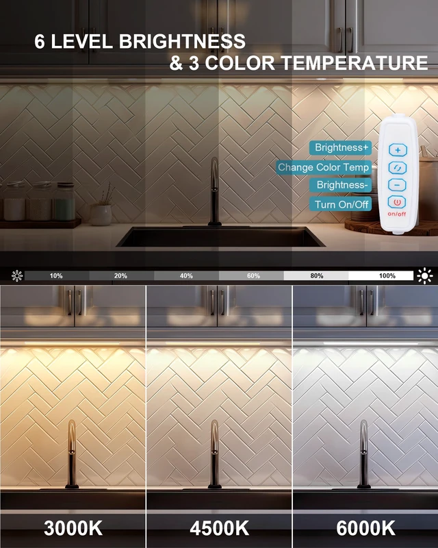 Alt view image 2 of 6 - Under Cabinet Lighting Plug in, 3 Pcs 12 Inch 3 Color Temperature Under Counter Lights for Kitchen, Dimmable Led Under Cabinet Lights with Memory Function for Closet, Desk