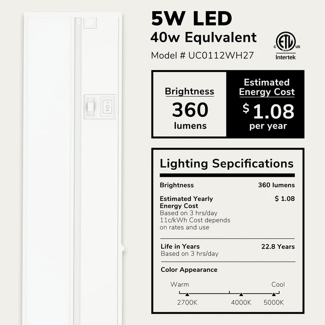Alt view image 2 of 7 - Halo 12-Inch Hardwired LED Under Cabinet Light, 3-CCT, White | Power cord sold separately for plug-in installation. 2700K/4000K/5000K, dimmable. Model: UC0112WH27