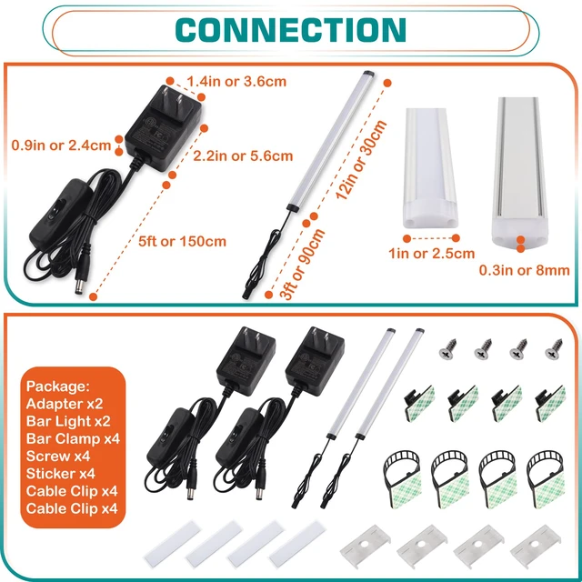 Alt view image 2 of 7 - Under Cabinet LED Bar 12inch, Single Counter Light for Kitchen Shelf Cupboard, Display Cases Back Lighting, Closet Light, 120V Wall Plug in, On Off Switch, 2 Bars, Daylight