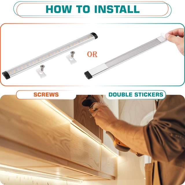 Alt view image 3 of 7 - Under Cabinet LED Bar 12inch, Single Counter Light for Kitchen Shelf Cupboard, Display Cases Back Lighting, Closet Light, 120V Wall Plug in, On Off Switch, 2 Bars, Daylight